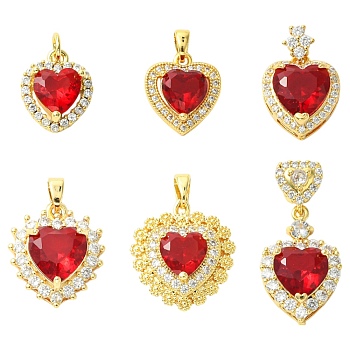 6Pcs 6 Styles Brass Pave Cubic Zirconia Pendants, Heart Charms, Golden, 14.5~30x12~16.5x5.5~9mm, Hole: 5x2.5mm, 1pc/style