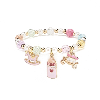 Colorful Alloy Enamel Cute Charms Bracelet, Plastic Pearl & Acrylic & Synthetic Hematite Round Beaded Bracelet for Women, Bottle Pattern, Pendant: 12~23x10~15.5x1.5~3.5mm, Inner Diameter: 2-1/8 inch(5.5cm)
