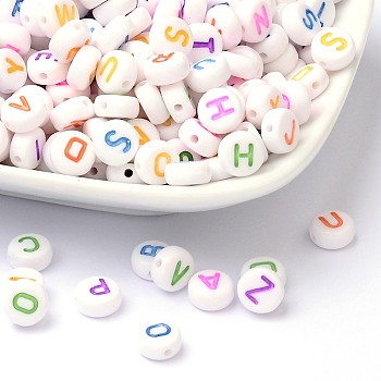 Initial Acrylic Horizontal Hole Beads, Mixed Letters, Flat Round, White, 7x4mm, Hole: 1.3mm, about 3500pcs/Bag