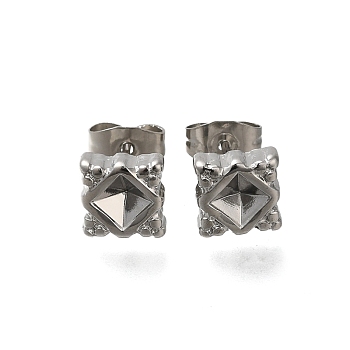 304 Stainless Steel Rhombus Stud Earrings for Women, Stainless Steel Color, 7x7mm, tray: 3x4mm