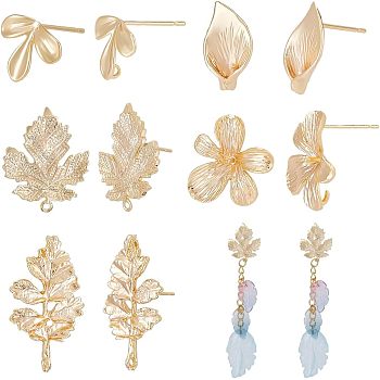 10Pcs 5 Style Brass Stud Earring Findings, with Loops, Leaf & Flower, Real 18K Gold Plated, 10~29.5x8~18mm, Hole: 1~1.4mm, Pin: 0.8mm, 2Pcs/style