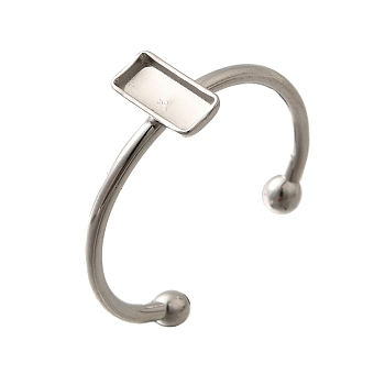 304 Stainless Steel Open Cuff Ring Components, Pad Ring Setting, Rectangle, Stainless Steel Color, Rectangle: 8x4mm, Adjustable, Tray: 7x3mm