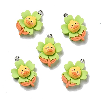 Opaque Resin Pendants, with Platinum Tone Iron Loops, Flower with Duck, Green Yellow, 26x18x8.5mm, Hole: 2mm