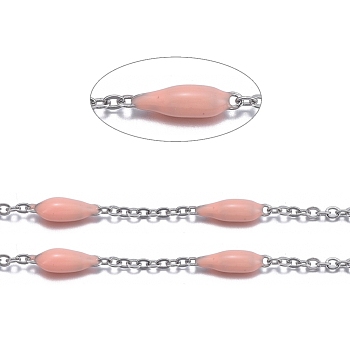 Handmade Enamel Beaded Chains, with Stainless Steel Curb Chains and Spool, Soldered, Stainless Steel Color, Light Salmon, 1.5x1x0.1mm, about 32.8 Feet(10m)/roll