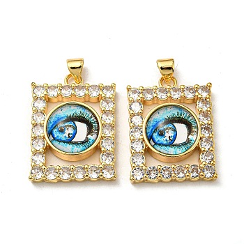 Real 18K Gold Plated Brass Pendants, with Glass and Acrylic, Rectangle with Evil Eye Charms, Light Sky Blue, 27x20x7mm, Hole: 4.5x4mm