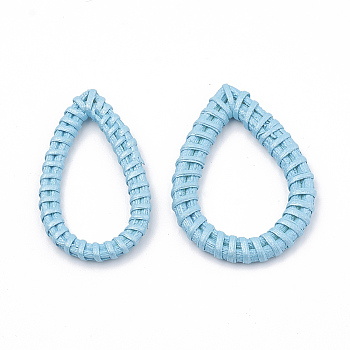 Handmade Spray Painted Reed Cane/Rattan Woven Linking Rings, For Making Straw Earrings and Necklaces,  Dyed, Pearlized Effect, teardrop, Sky Blue, 47~52x27~35x4~5mm, inner measure: 34~40x17~24mm