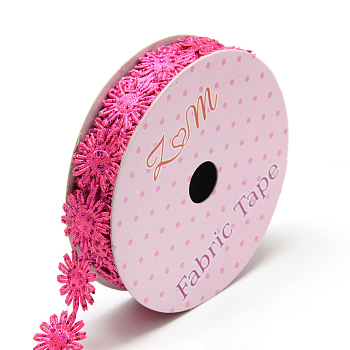 Glitter Powder Polyester Ribbons, Flower, Deep Pink, 5/8 inch(17mm), about 2yards/roll(1.8288m/roll)