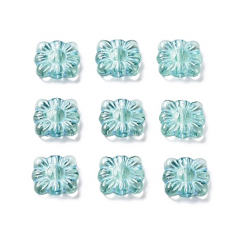 Plating Transparent Acrylic Beads, Metal Enlaced, Square with Flower Pattern, Medium Aquamarine, 9.5~10x10.5~11x3.5mm, Hole: 1.6mm, about 1990pcs/500g