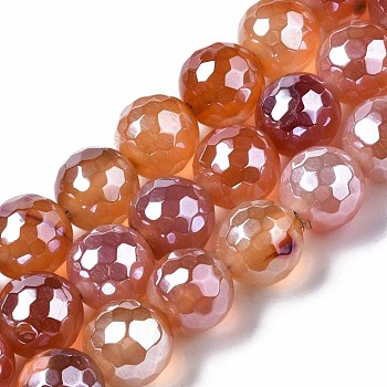 Natural Agate Beads Strands, Pearl Luster Plated, Faceted, Round, Dark Salmon, 12mm, Hole: 1.6mm, about 30~33pcs/strand, 13.70~15.75 inch(34.8~40cm)
