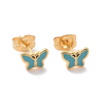 Enamel Butterfly Stud Earrings with 316L Surgical Stainless Steel Pins, Gold Plated 304 Stainless Steel Jewelry for Women, Dark Turquoise, 7.5x5.5mm, Pin: 0.7mm