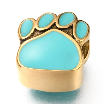 Ion Plating(IP) 304 Stainless Steel European Beads, with Enamel, Large Hole Beads, Dog Paw Prints, Golden, Cyan, 10.5x10x7mm, Hole: 4.5mm