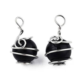 Natural Obsidian Pendants, with Platinum Plated Brass Wire Wrapped, Round Charm, 28.5~34x18.5~20x17~19mm, Hole: 4~5.5mm