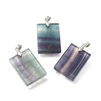 Natural Fluorite Pendants, Rectangle Charms, with Rack Plating Brass Findings, Platinum, 44.5x25.5x9.5mm, Hole: 7x4.5mm