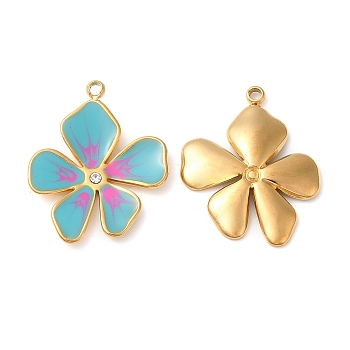 304 Stainless Steel Enamel Pendants, with Rhinestones, Real 18K Gold Plated, Flower Charm, Dark Turquoise, 21.5x17x2.5mm, Hole: 1.5mm