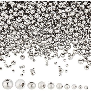 1050Pcs 5 Styles Round 304 & 316 Surgical Stainless Steel Spacer Beads, Stainless Steel Color, 3~8mm, Hole: 1~2.5mm