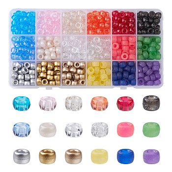 540Pcs 18 Colors Plastic Beads, Barrel, Mixed Color, 9x6mm, Hole: 3.8mm, 30pcs/color