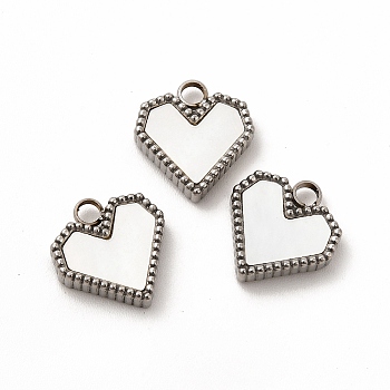304 Stainless Steel Heart Charms, with White Shell, Stainless Steel Color, 12x11x3mm, Hole: 2mm