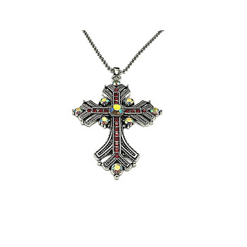Cross Rhinestone Pendant Necklaces, with Antique Silver Alloy Ball Chains, Light Siam, 27.56 inch(70cm)