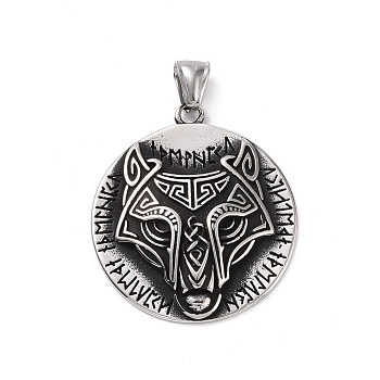 304 Stainless Steel Pendants, Flat Round with Wolf, Antique Silver, 43x38x6mm, Hole: 4x8mm