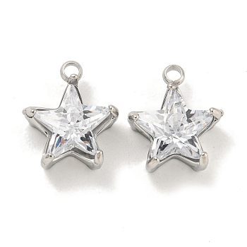 304 Stainless Steel Cubic Zirconia Pendants, Star Charms, Stainless Steel Color, 12x10x5mm, Hole: 1.6mm