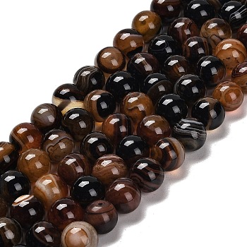 Natural Striped Agate/Banded Agate Beads Strands, Round, Dyed & Heated, Black, 10~10.5mm, Hole: 1.2mm, about 38pcs/strand, 15.28''(38.8cm)
