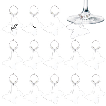 Acrylic Wine Glass Charms, with Pearlized Glass Pearl Beads and 316 Surgical Stainless Steel Hoop Earrings Findings, Butterfly, Clear, 96mm, 24pcs/set