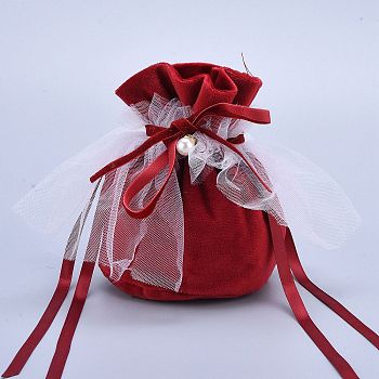 Velvet Jewelry Drawstring Gift Bags, with Plastic Imitation Pearl & White Yarn, Wedding Favor Candy Bags, Dark Red, 14.2x14.9x0.4cm