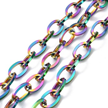 Ion Plating(IP) 304 Stainless Steel Cable Chains, Unwelded, with Spool, Flat Oval, Rainbow Color, 17.5x11.5x2mm, about 16.40 Feet(5m)/Roll