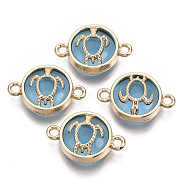 Glass Links connectors, with Light Gold Plated Alloy Findings, Flat Round with Tortoise, Light Sky Blue, 13.5x19.5x5.5mm, Hole: 1.6mm(X-GLAA-T015-24D)