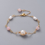 Natural Rose Quartz Link Bracelets, with Natural Pearl Beads, Golden Plated Brass Cable Chains and 304 Stainless Steel Lobster Claw Clasps, 7-1/8 inch(18cm)(BJEW-JB04998-01)