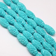 Synthetic Coral Beads Strands, Dyed, Oval Carved Flower Rose, Turquoise, 18x9~10mm, Hole: 1mm, about 22pcs/strand, 15.74 inch(X-CORA-L031-8mm-03)