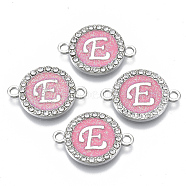 Alloy Enamel Links Connectors, with Crystal Rhinestones, Flat Round with Letter, Silver Color Plated, Letter.E, 22x16x2mm, Hole: 1.8mm(ENAM-TAC0003-01S-03E)