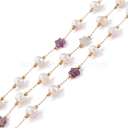 Natural Amethyst Star and Pearl Beaded Chains, with Stainless Steel Findings, Long-Lasting Plated, Soldered, with Spool, Golden, Link: 2x0.5x0.1mm, Bead: 5.5~7x5.5~6mm, Star: 6x6~6.5x2.5~3mm(CHS-I018-01G-04)