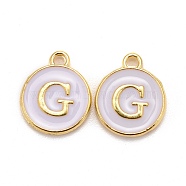 Golden Plated Alloy Charms, Cadmium Free & Lead Free, with Enamel, Enamelled Sequins, Flat Round with Letter, White, Letter.G, 14x12x2mm, Hole: 1.5mm(X-ENAM-S118-01G)
