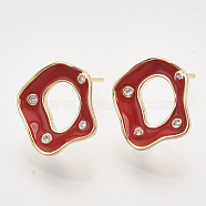 Brass Micro Pave Cubic Zirconia Stud Earring Findings, Enamel and Loop, Nickel Free, Real 18K Gold Plated, Red, 15.5x15mm, Hole: 0.8mm, Pin: 0.7mm(KK-T054-35G-02-NF)