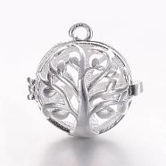 Brass Cage Pendants, For Chime Ball Pendant Necklaces Making, Hollow Round with Tree of Life, Silver Color Plated, 17x17.5x15mm, Hole: 1mm, Inner Diameter: 11.5mm(KK-K173-03S)