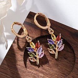 Brass Micro Pave Cubic Zirconia Leverback Earrings, Rack Plating, Long-Lasting Plated, Lead Free & Cadmium Free, Leaf, Golden, 31x11mm(EJEW-K300-25G)