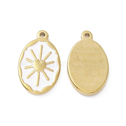 Enamel Pendants, with Golden Plated 304 Stainless Steel Findings, Oval with Sun, White, 23.5x14x2.5mm, Hole: 1.6mm(FIND-I021-01E)