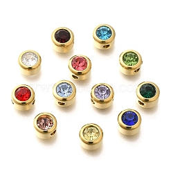 Ion Plating(IP) 304 Stainless Steel Micro Pave Cubic Zirconia Beads, Flat Round, Real 14K Gold Plated, Mixed Color, 6x4mm, Hole: 1.4mm(STAS-K263-74G)