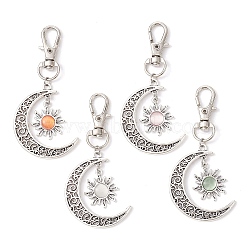 4Pcs Moon & Sun Alloy Pendant Decorations, Cat Eye and Alloy Swivel Lobster Claw Clasps Charm, Antique Silver & Platinum, Mixed Color, 73mm(HJEW-JM01596)