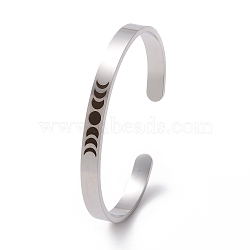 304 Stainless Steel Moon Phase Open Cuff Bangle for Men Women, Stainless Steel Color, Inner Diameter: 1-7/8~2-3/8 inch(4.75~5.9cm)(BJEW-H551-01P)