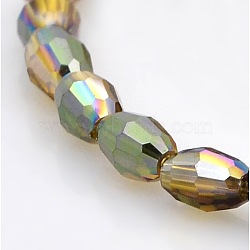 Half Rainbow Plated Glass Faceted Rice Beads Strands, Dark Khaki, 6x4mm, Hole: 1mm, about 72pcs/strand, 16 inch(GLAA-A030A-HR06)