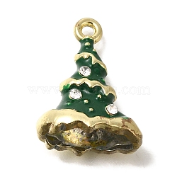 Christmas Theme Alloy Enamel Pendants, with Rhinestone, Golden, Christmas Tree Charm, Green, 18.5x14x9.5mm, Hole: 1.5mm(ENAM-B025-01E-02G)