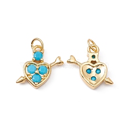 Rack Plating Brass Micro Pave Deep Sky Blue Cubic Zirconia Pendants, with Jump Ring, Cadmium Free & Nickel Free & Lead Free, A Arrow Through the Heart, Real 18K Gold Plated, 12x12.5x2.5mm, Jump Ring: 4x0.5mm, Inner Diameter: 3mm(ZIRC-C040-40G)