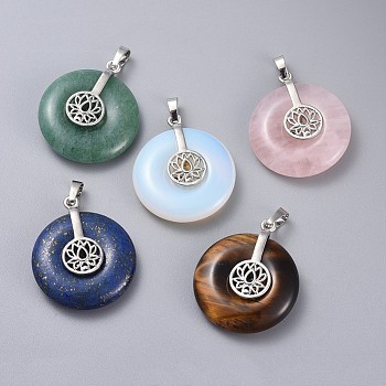 Natural & Synthetic Mixed Stone Pendants, with Platinum Tone Brass Findings, Donut/Pi Disc with Lotus, 35.5x30x8.5~9.5mm, Hole: 4.5x6.5mm