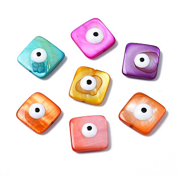 Natural Freshwater Shell Beads, with Enamel, Dyed, Square with Evil Eye, Mixed Color, 11.5~13x11.5~13x3~4mm, Hole: 0.8mm