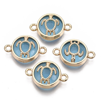 Glass Links connectors, with Light Gold Plated Alloy Findings, Flat Round with Tortoise, Light Sky Blue, 13.5x19.5x5.5mm, Hole: 1.6mm