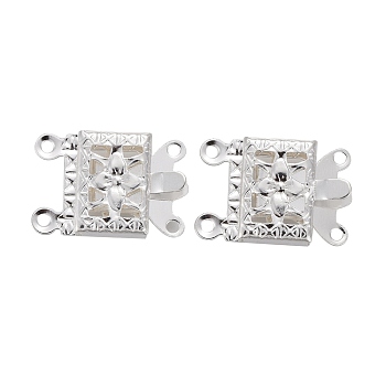 304 Stainless Steel Box Clasps, Multi-Strand Clasps, 2-Strands, 4-Holes, Rectangle with Flower, Silver Color Plated, 15x10x3mm, Hole: 1mm
