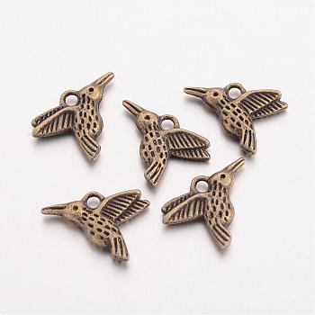 Tibetan Style Alloy Hummingbird Charms Pendants, Cadmium Free & Nickel Free & Lead Free, Antique Bronze, 12x17x3mm, Hole: 2mm