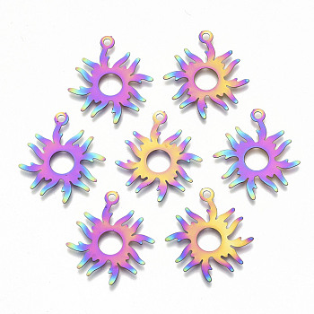 Ion Plating(IP) 201 Stainless Steel Solar Eclipse Pendants, Etched Metal Embellishments, Sun, Rainbow Color, 26x23.5x0.3mm, Hole: 1.8mm